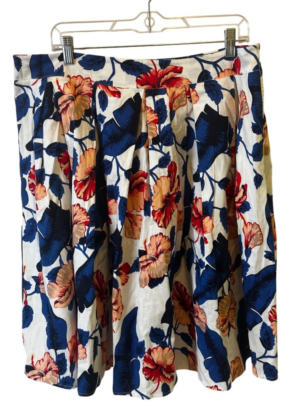 Unbranded Size Large Womens Floral Print Pleated Midi Skirt White Red & Blue